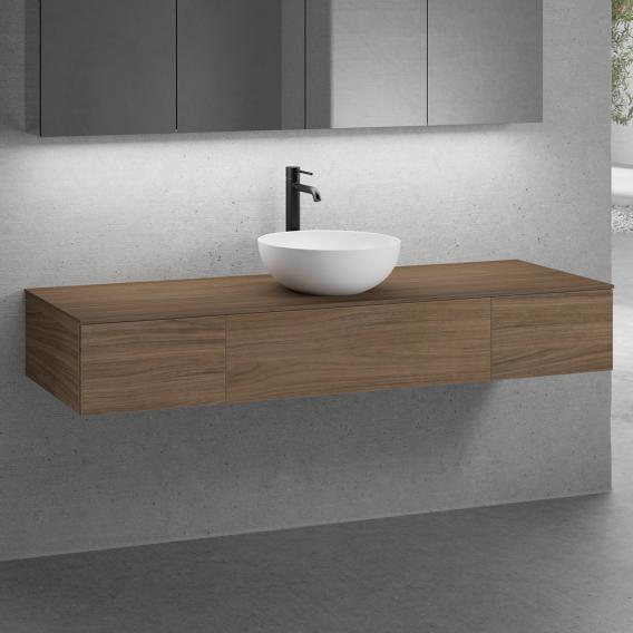 neoro n50 furniture set W: 160 cm with 3 pull-out compartments, washbasin Ø 40 cm matt white, vanity unit and countertop walnut