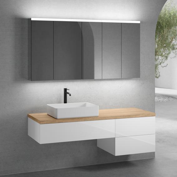 neoro n50 furniture set W: 160 cm with 3 pull-out compartments, washbasin W: 58 cm matt white, with mirror cabinet, vanity unit white high gloss, countertop oak