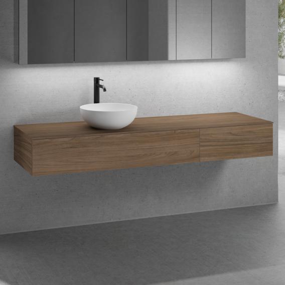 neoro n50 furniture set W: 180 cm with 2 pull-out compartments, washbasin Ø 40 cm matt white, vanity unit and countertop walnut