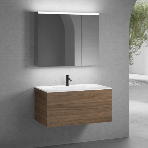 neoro n50 vanity unit W: 100 cm with 1 pull-out compartment, washbasin with 1 tap hole white, with mirror cabinet, vanity unit walnut