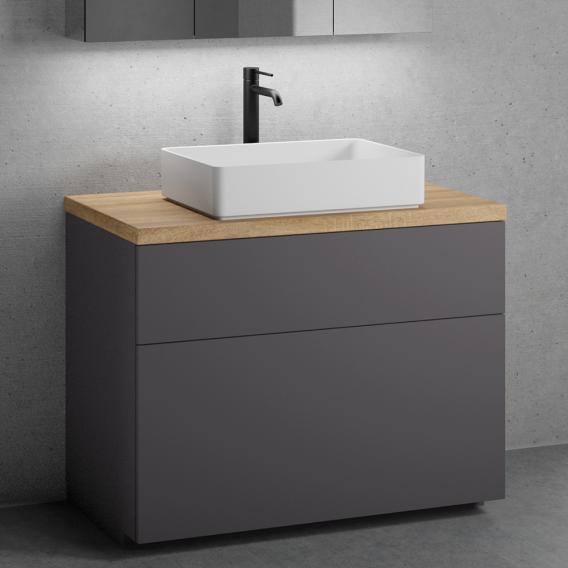 neoro n50 vanity unit W: 100 cm with 2 pull-out compartments, washbasin W: 58 cm matt white, vanity unit matt graphite, countertop oak