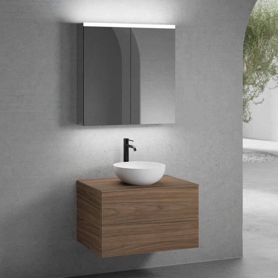neoro n50 vanity unit W: 80 cm with 2 pull-out compartments, washbasin Ø 40 cm matt white, with mirror cabinet, vanity unit and countertop walnut