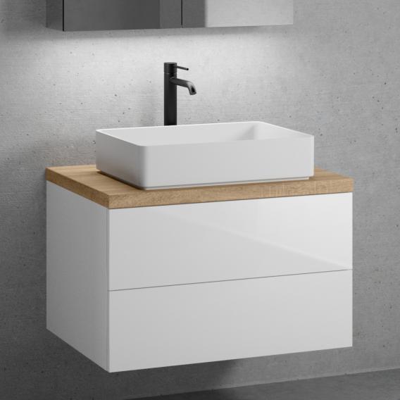 neoro n50 vanity unit W: 80 cm with 2 pull-out compartments, washbasin W: 58 cm matt white, vanity unit white high gloss, countertop oak