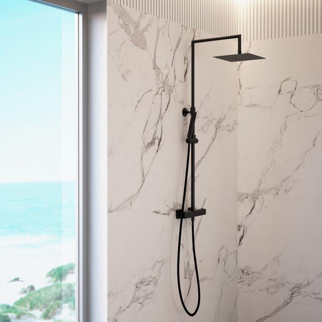 Mariner Linea shower system with thermostat, metall stick hand shower and stainless steel overhead shower, square matt black
