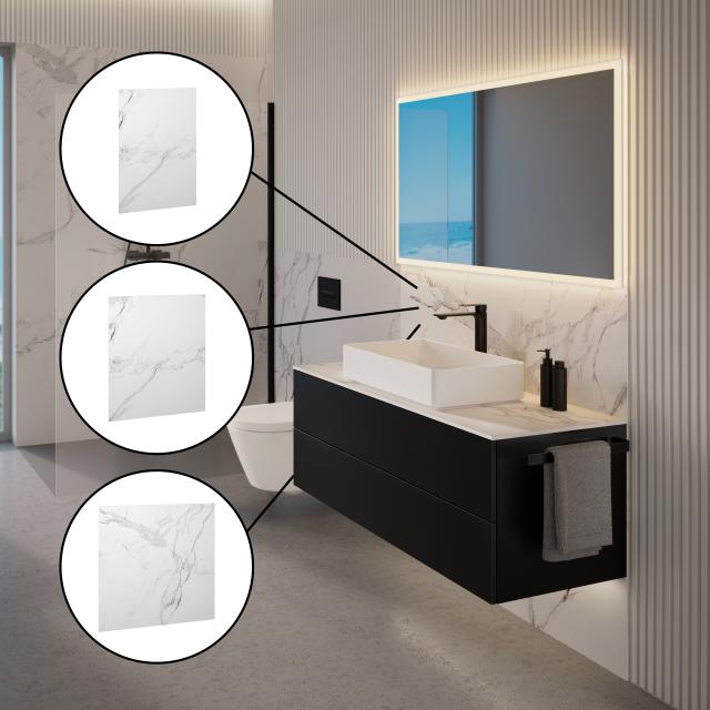 neoro design backsplash in a set for neoro bathroom, for washbasin and toilet set 2x 120x120 cm and shower set 4x 80x120 + 2x 100x120 cm