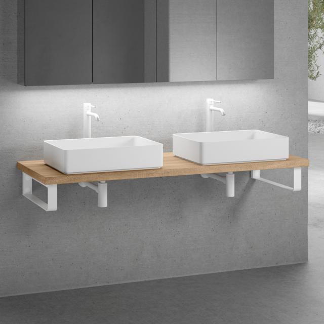 neoro n50 2 countertop washbasins W: 58 H: 13 D: 37 cm with solid wood countertop without cut-out W: 160.5 H: 4 D: 51.5 cm matt white countertop brackets