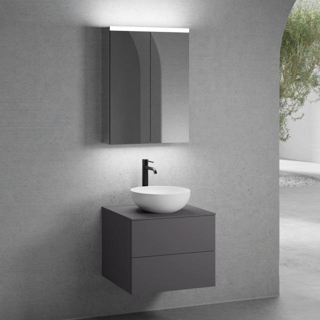 neoro n50 countertop washbasin with countertop, vanity unit with 2 pull-out compartments and LED mirror cabinet front matt graphite/mirrored / corpus matt graphite/mirrored, countertop matt graphite