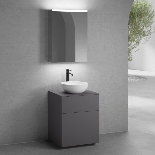 neoro n50 countertop washbasin with countertop, vanity unit with 2 pull-out compartments and LED mirror cabinet front matt graphite/mirrored / corpus matt graphite/mirrored, countertop matt graphite