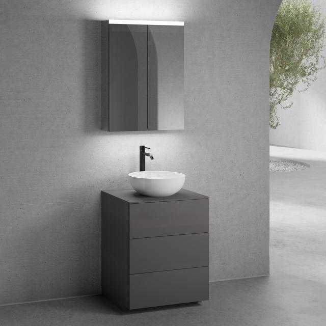 neoro n50 countertop washbasin with countertop, vanity unit with 3 pull-out compartments and LED mirror cabinet front matt graphite/mirrored / corpus matt graphite/mirrored, countertop matt graphite