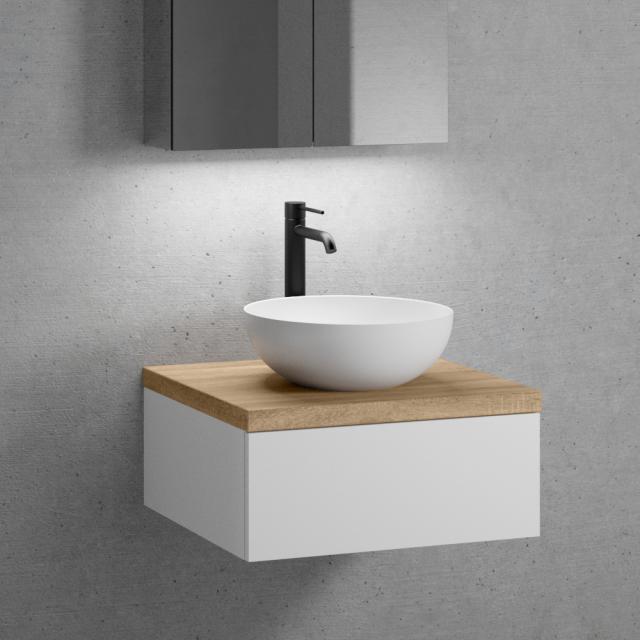 neoro n50 countertop washbasin with solid wood countertop and vanity unit with 1 pull-out compartment front matt white / corpus matt white, countertop oak
