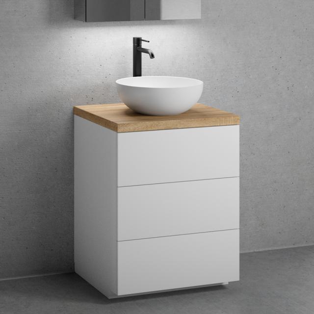 neoro n50 countertop washbasin with solid wood countertop and vanity unit with 3 pull-out compartments front matt white / corpus matt white, countertop oak