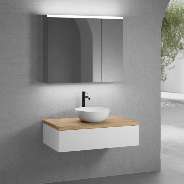 neoro n50 countertop washbasin with solid wood countertop, vanity unit with 1 pull-out compartment and LED mirror cabinet front matt white/mirrored / corpus matt white/mirrored, countertop oak