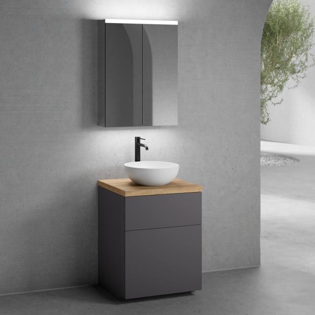 neoro n50 countertop washbasin with solid wood countertop, vanity unit with 2 pull-out compartments and LED mirror cabinet front matt graphite/mirrored / corpus matt graphite/mirrored, countertop oak
