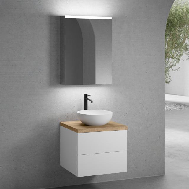 neoro n50 countertop washbasin with solid wood countertop, vanity unit with 2 pull-out compartments and LED mirror cabinet front matt white/mirrored / corpus matt white/mirrored, countertop oak