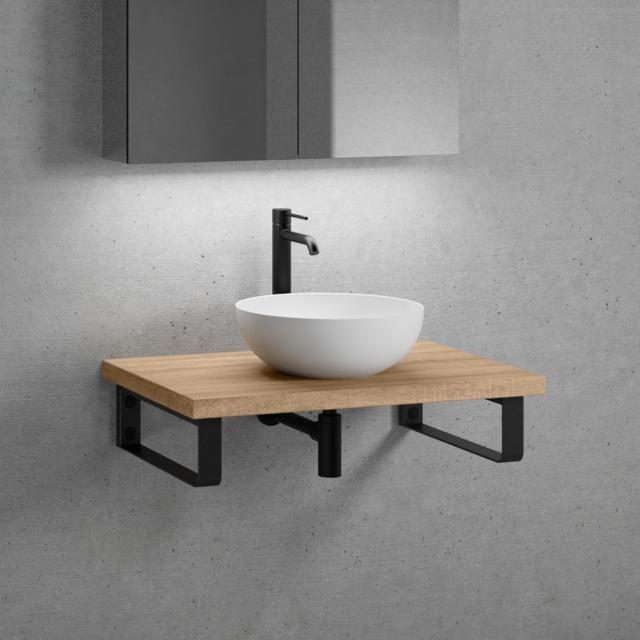 neoro n50 countertop washbasin Ø 45 H: 14 cm with solid wood countertop without cut-out W: 80.5 H: 4 D: 51.5 cm matt black countertop brackets