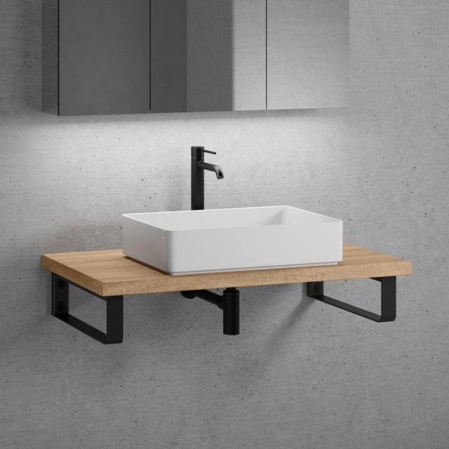 neoro n50 countertop washbasin W: 58 H: 13 D: 37 cm with solid wood countertop without cut-out W: 100.5 H: 4 D: 51.5 cm matt black countertop brackets