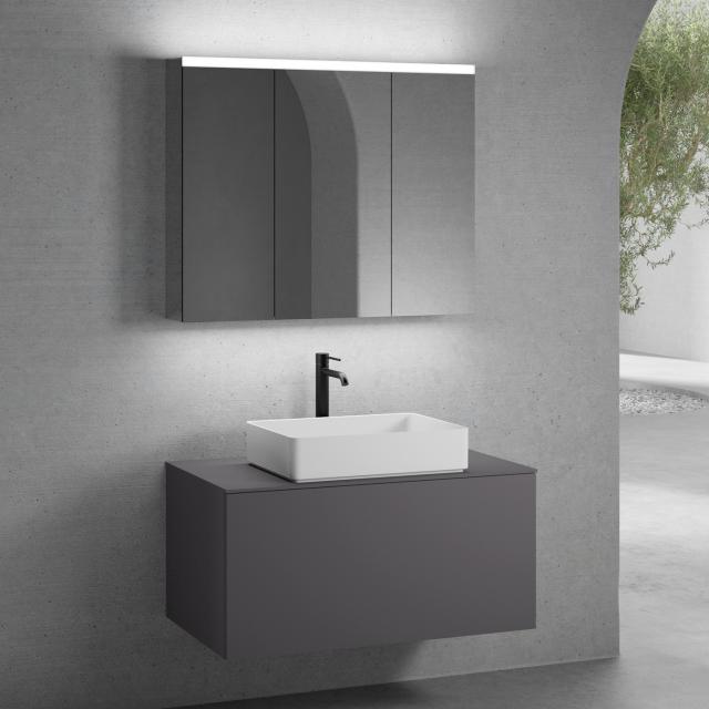 neoro n50 countertop washbasin with countertop, vanity unit with 1 pull-out compartment and LED mirror cabinet front matt graphite/mirrored / corpus matt graphite/mirrored, countertop matt graphite