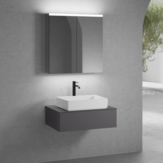 neoro n50 countertop washbasin with countertop, vanity unit with 1 pull-out compartment and LED mirror cabinet front matt graphite/mirrored / corpus matt graphite/mirrored, countertop matt graphite