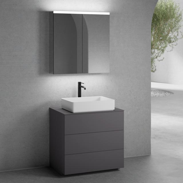 neoro n50 countertop washbasin with countertop, vanity unit with 3 pull-out compartments and LED mirror cabinet front matt graphite/mirrored / corpus matt graphite/mirrored, countertop matt graphite