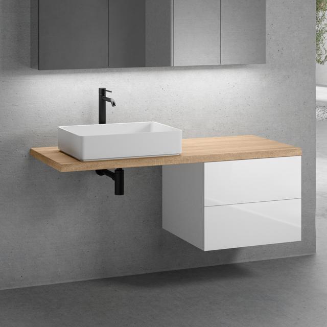 neoro n50 countertop washbasin with solid wood countertop and vanity unit with 2 pull-out compartments front white high gloss / corpus white high gloss, countertop oak