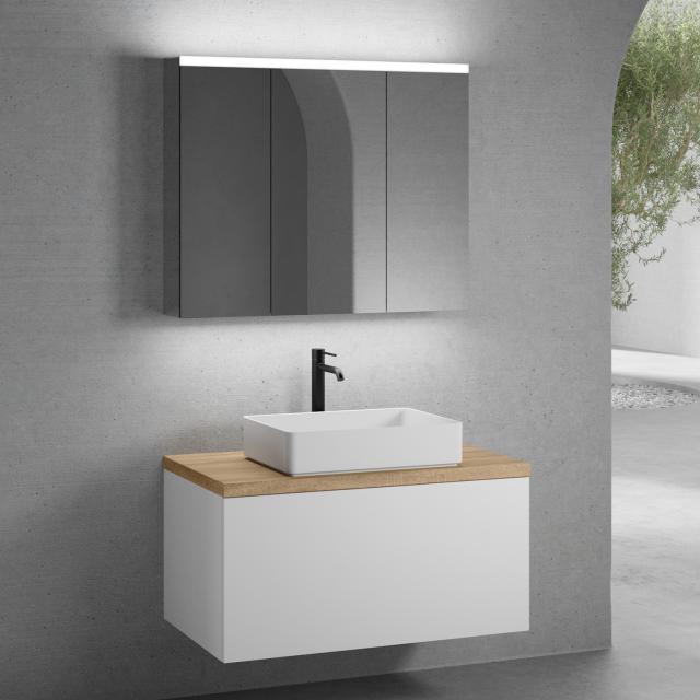 neoro n50 countertop washbasin with solid wood countertop, vanity unit with 1 pull-out compartment and LED mirror cabinet front matt white/mirrored / corpus matt white/mirrored, countertop oak