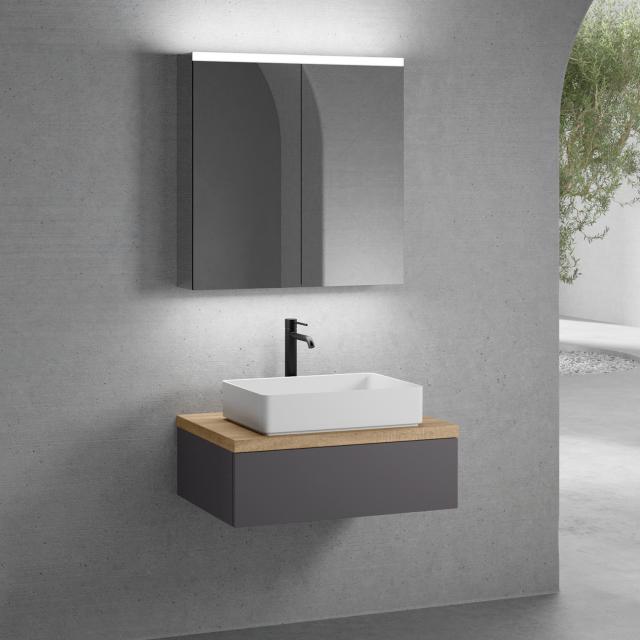 neoro n50 countertop washbasin with solid wood countertop, vanity unit with 1 pull-out compartment and LED mirror cabinet front matt graphite/mirrored / corpus matt graphite/mirrored, countertop oak