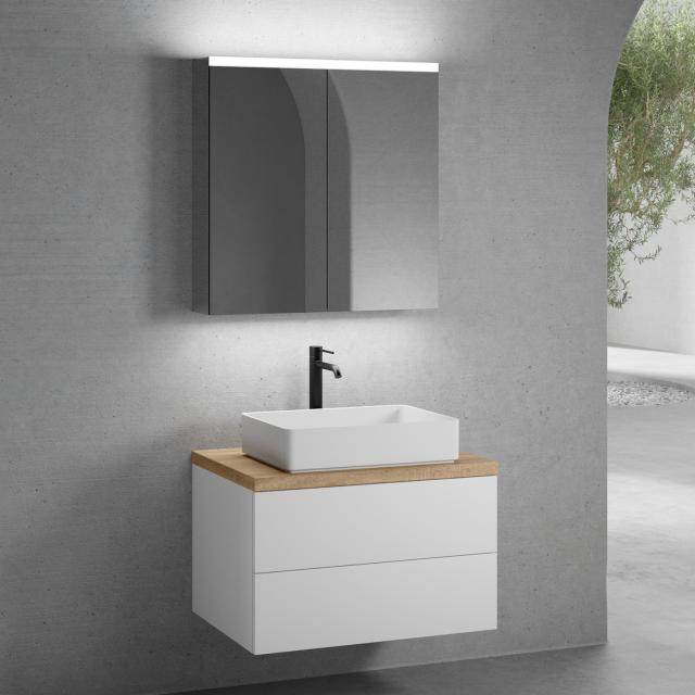 neoro n50 countertop washbasin with solid wood countertop, vanity unit with 2 pull-out compartments and LED mirror cabinet front matt white/mirrored / corpus matt white/mirrored, countertop oak