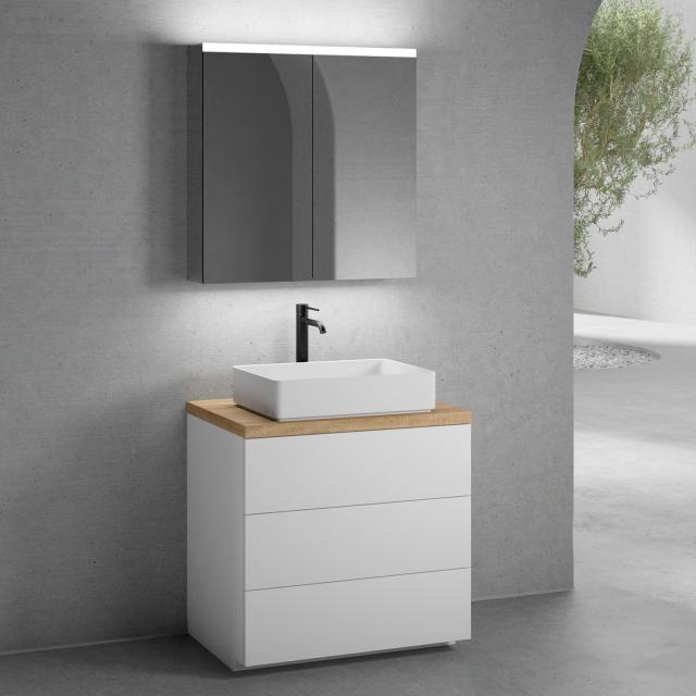 neoro n50 countertop washbasin with solid wood countertop, vanity unit with 3 pull-out compartments and LED mirror cabinet front matt white/mirrored / corpus matt white/mirrored, countertop oak