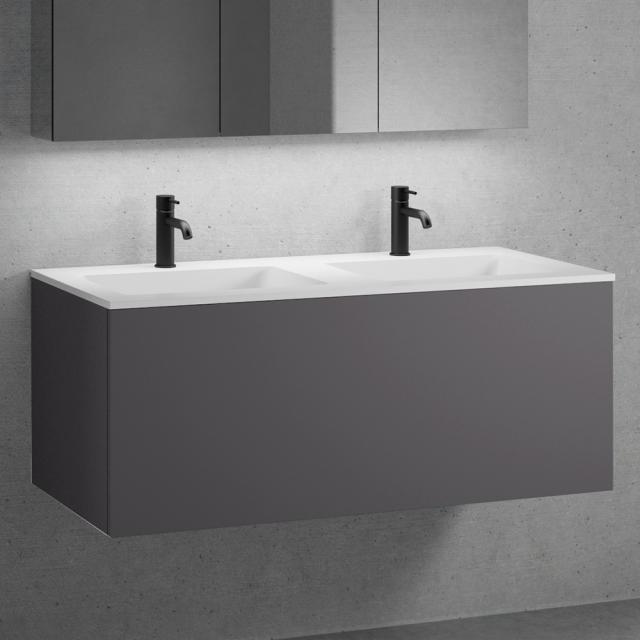 neoro n50 double washbasin with vanity unit with 1 pull-out compartment front matt graphite / corpus matt graphite, WB white, with 2 tap holes