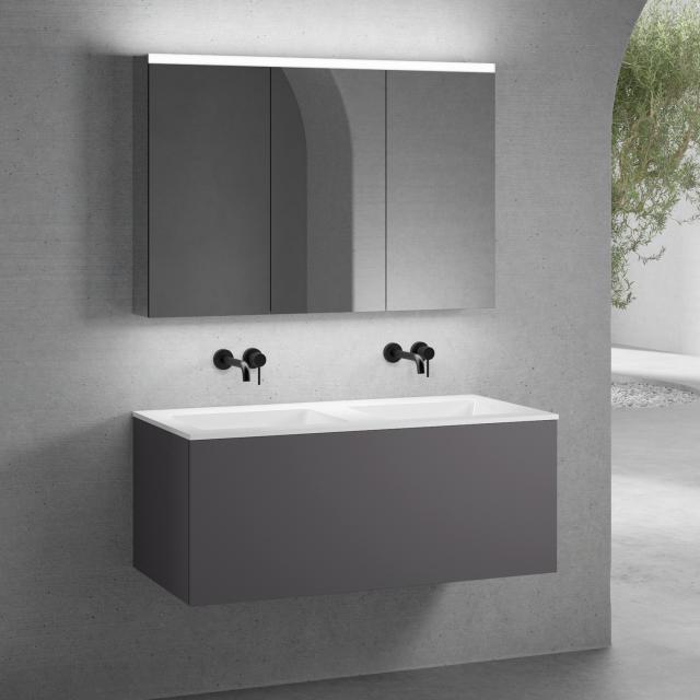 neoro n50 double washbasin with vanity unit and LED mirror cabinet front matt graphite/mirrored / corpus matt graphite/mirrored, WB white, without tap hole