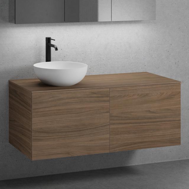 neoro n50 Ensemble de meubles l : 120 cm, 2 tiroirs, lavabo Ø 40 cm blanc mat, meuble bas et plan de toilette noyer