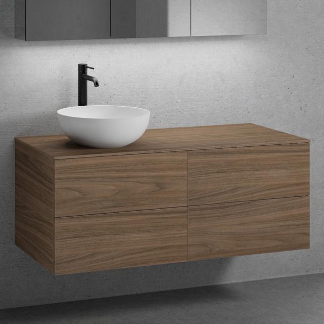 neoro n50 Ensemble de meubles l : 120 cm, 4 tiroirs, lavabo Ø 40 cm blanc mat, meuble bas et plan de toilette noyer