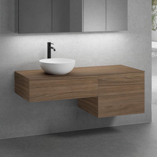 neoro n50 Ensemble de meubles l : 140 cm, 3 tiroirs, lavabo Ø 40 cm blanc mat, meuble bas et plan de toilette noyer