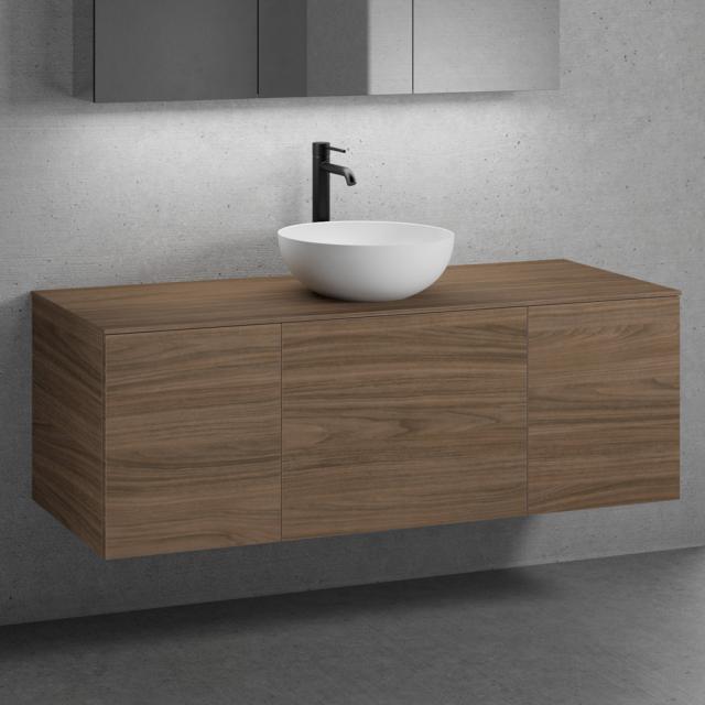 neoro n50 Ensemble de meubles l : 140 cm, 3 tiroirs, lavabo Ø 40 cm blanc mat, meuble bas et plan de toilette noyer