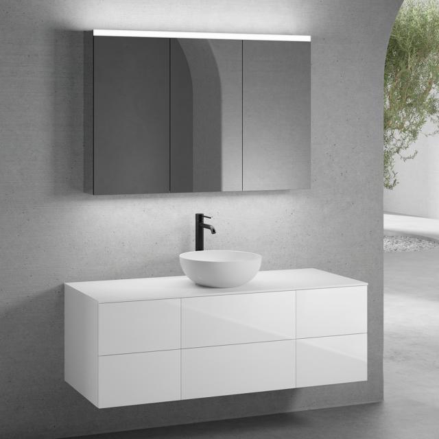 neoro n50 Ensemble de meubles l : 140 cm, 6 tiroirs, lavabo Ø 40 cm blanc mat, avec armoire de toilette, meuble bas et plan de toilette blanc brillant