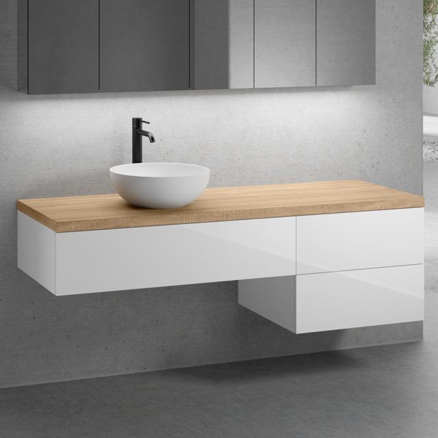 neoro n50 Ensemble de meubles l : 160 cm, 3 tiroirs, lavabo Ø 40 cm blanc mat, meuble bas blanc ultra brillant, plan de toilette chêne