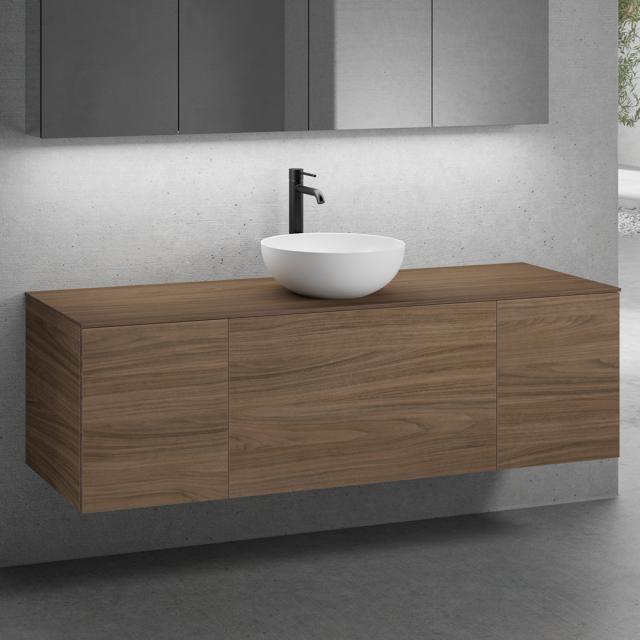 neoro n50 Ensemble de meubles l : 160 cm, 3 tiroirs, lavabo Ø 40 cm blanc mat, meuble bas et plan de toilette noyer