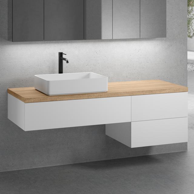 neoro n50 Ensemble de meubles l : 160 cm, 3 tiroirs, lavabo l : 58 cm blanc mat, meuble bas blanc mat, plan de toilette chêne