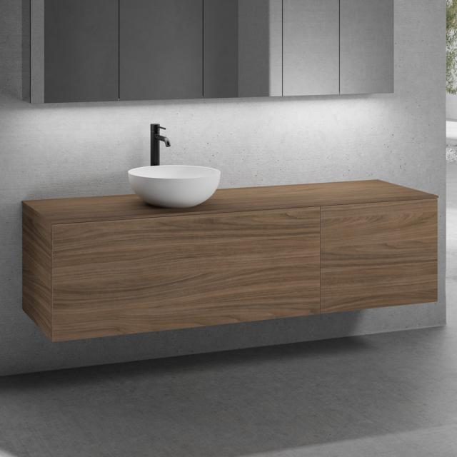 neoro n50 Ensemble de meubles l : 180 cm, 2 tiroirs, lavabo Ø 40 cm blanc mat, meuble bas et plan de toilette noyer
