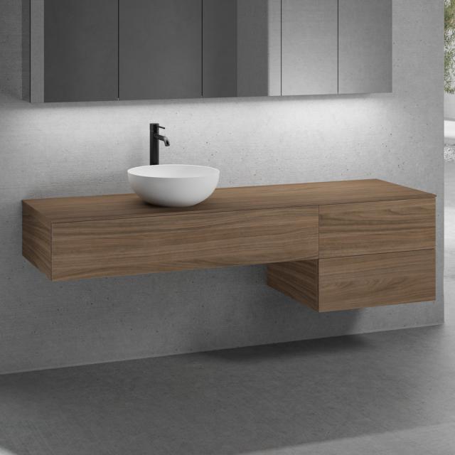 neoro n50 Ensemble de meubles l : 180 cm, 3 tiroirs, lavabo Ø 40 cm blanc mat, meuble bas et plan de toilette noyer