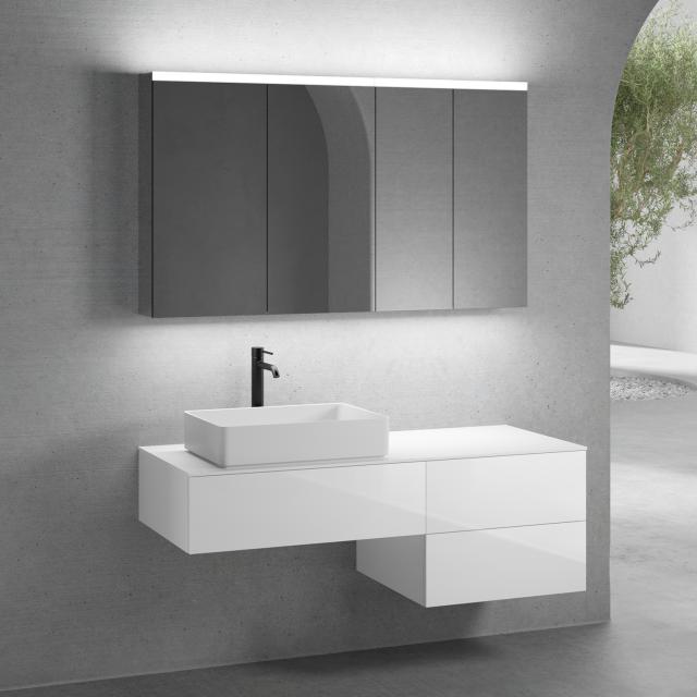 neoro n50 furniture set W: 140 cm with 3 pull-out compartments, washbasin W: 58 cm matt white, with mirror cabinet, vanity unit and countertop white high gloss