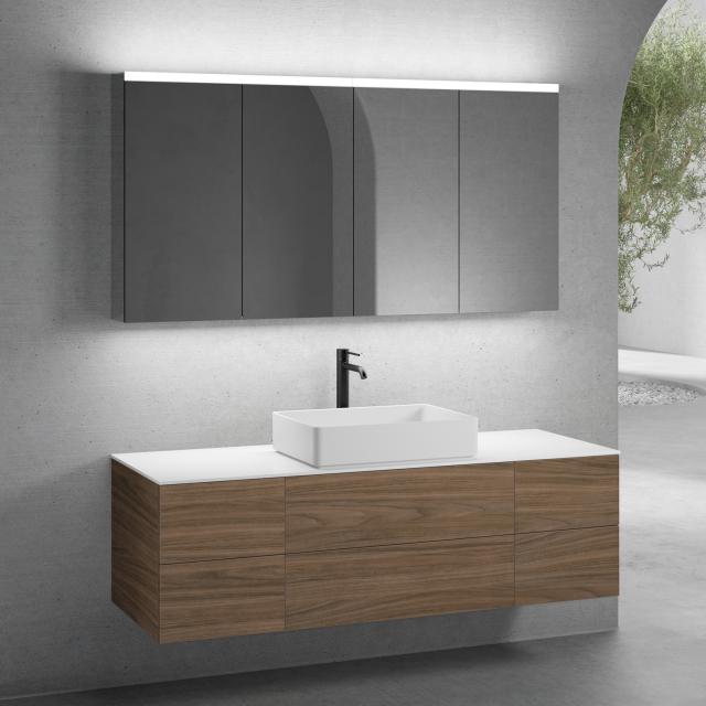 neoro n50 furniture set W: 160 cm with 6 pull-out compartments, washbasin W: 58 cm matt white, with mirror cabinet, vanity unit walnut, countertop white high gloss