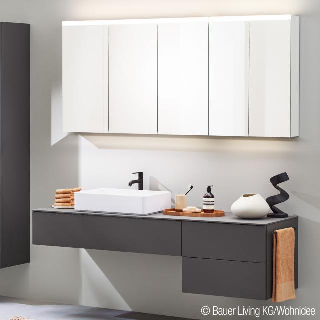 neoro n50 furniture set W: 180 cm with 3 pull-out compartments, washbasin W: 58 cm matt white, with mirror cabinet, vanity unit and countertop matt graphite
