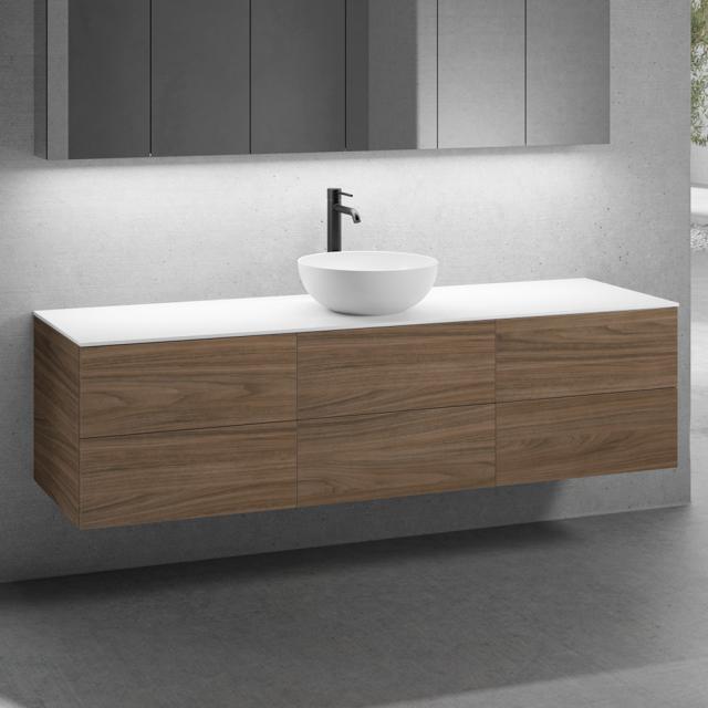 neoro n50 furniture set W: 180 cm with 6 pull-out compartments, washbasin Ø 45 cm matt white, vanity unit walnut, countertop white high gloss