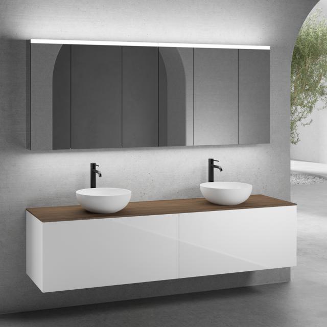 neoro n50 furniture set W: 200 cm with 2 pull-out compartments, 2 washbasins Ø 40 cm matt white, with mirror cabinet, vanity unit white high gloss, countertop walnut