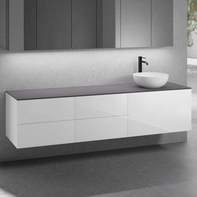 neoro n50 furniture set W: 200 cm with 5 pull-out compartments, washbasin Ø 45 cm matt white, vanity unit white high gloss, countertop matt graphite