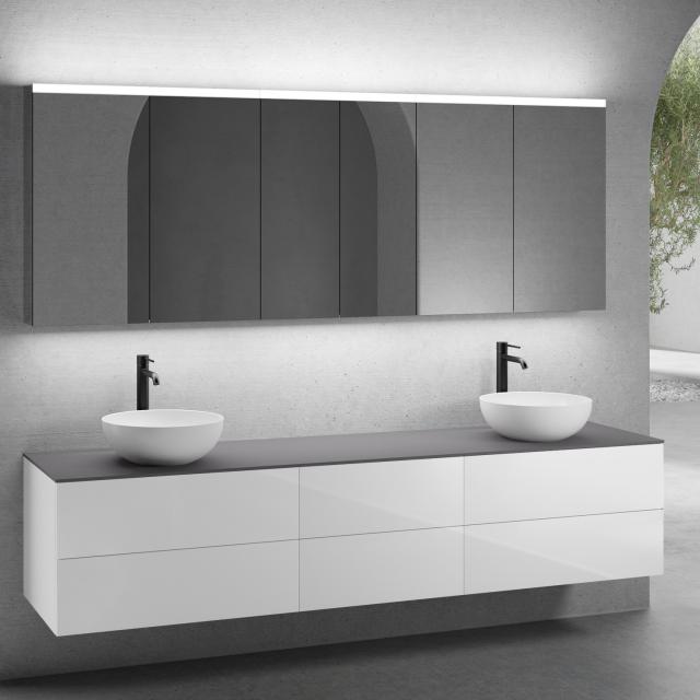 neoro n50 furniture set W: 220 cm with 6 pull-out compartments, 2 washbasins Ø 45 cm matt white, with mirror cabinet, vanity unit white high gloss, countertop matt graphite