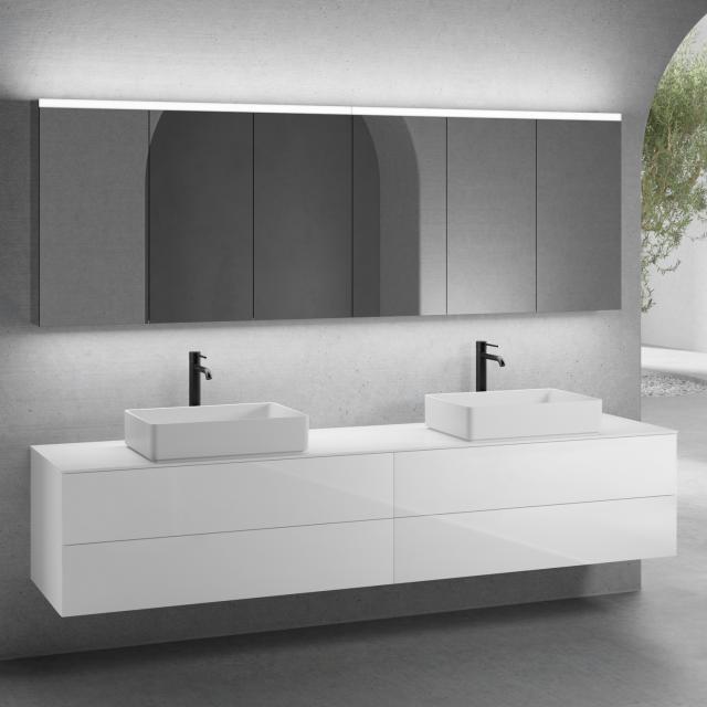 neoro n50 furniture set W: 240 cm with 4 pull-out compartments, 2 washbasins W: 58 cm matt white, with mirror cabinet for Switzerland, vanity unit and countertop white high gloss