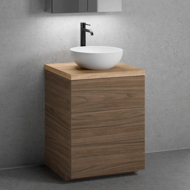 neoro n50 Lavabo à poser Ø 40 cm avec plan de toilette en bois massif et meuble sous-lavabo l : 60,5 H : 94 P : 51,5 cm, avec 3 tiroirs Façade noyer/corps du meuble noyer, plan de toilette chêne