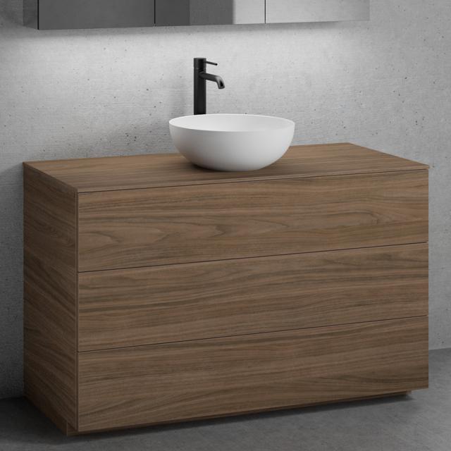 neoro n50 Lavabo à poser, plan de toilette et meuble sous-lavabo avec 3 tiroirs Façade noyer/corps du meuble noyer, plan de toilette noyer